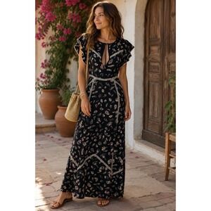 The Kooples Maxi Dress M Silk Feather Ladder Lace Trim Flutter Sleeve Boho